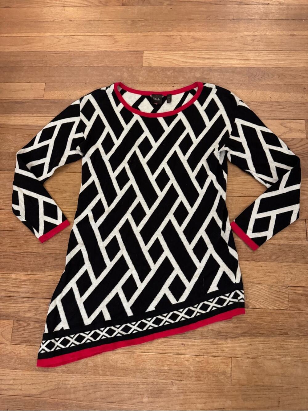 Rafaella Women's Black White Red Asymmetrical Sweater Tunic Mini Dress Sz M b59